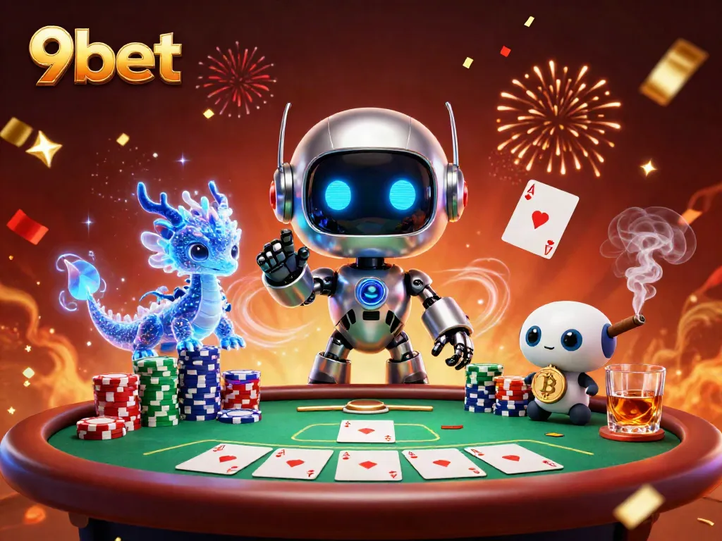 Experience thrilling poker action with 9bet's futuristic characters at a vibrant casino.