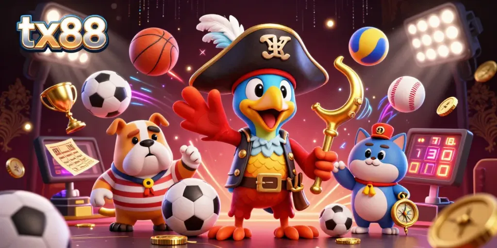 Engage with tx88 at a vibrant casino scene featuring a commanding pirate captain, sports elements, and dynamic gaming action.