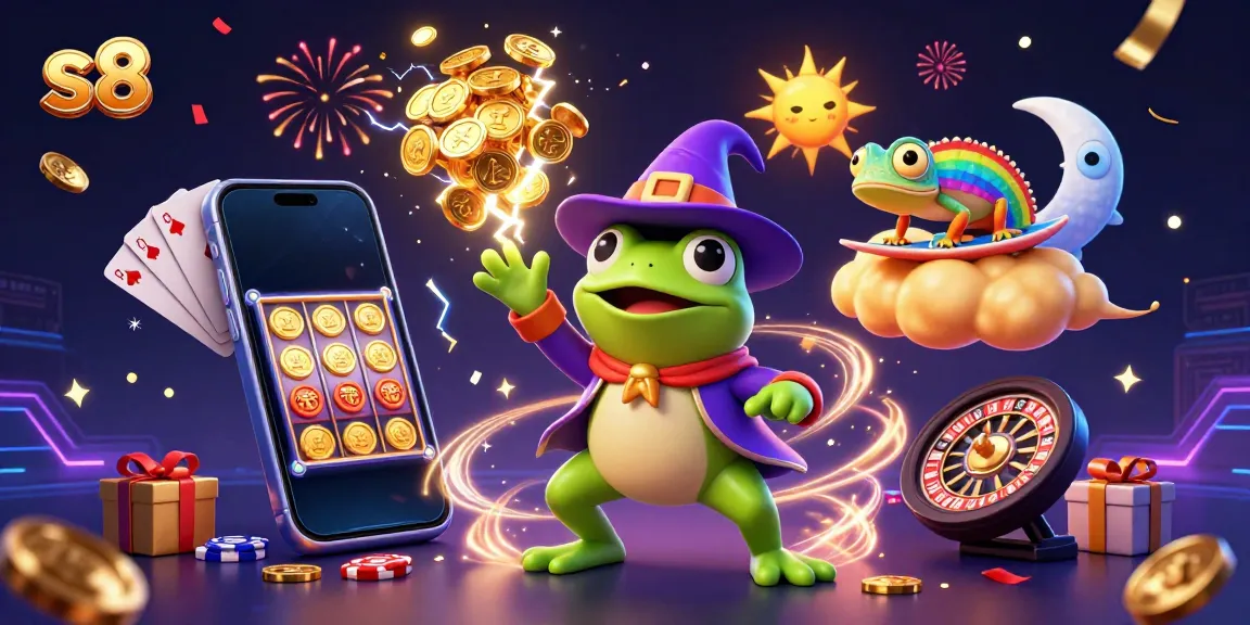 Experience the excitement of s8 with a whimsical illustration of a wizard frog and chameleon amid golden coins and casino games.