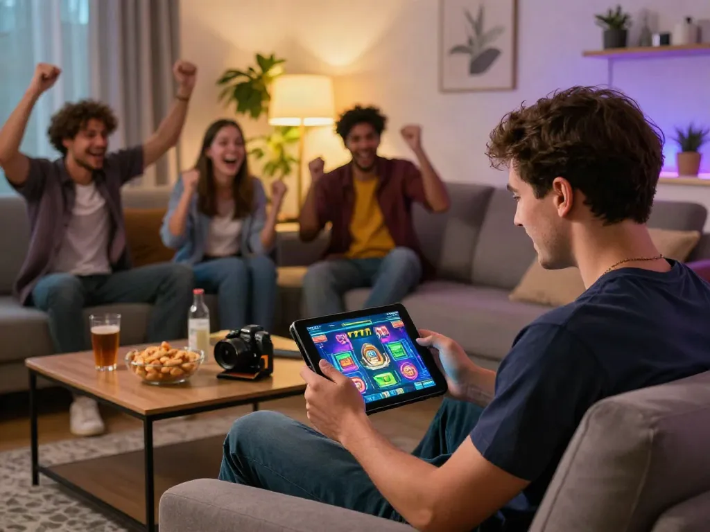 Person enjoying slot777 on tablet in cozy living room with friends.