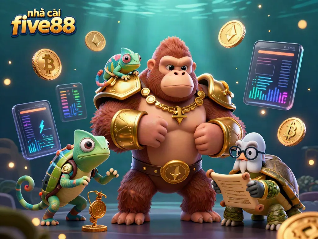 A dynamic scene showcasing nhà cái five88 with a powerful gorilla king, a colorful chameleon spy, and a wise tortoise elder among vibrant crypto coins.
