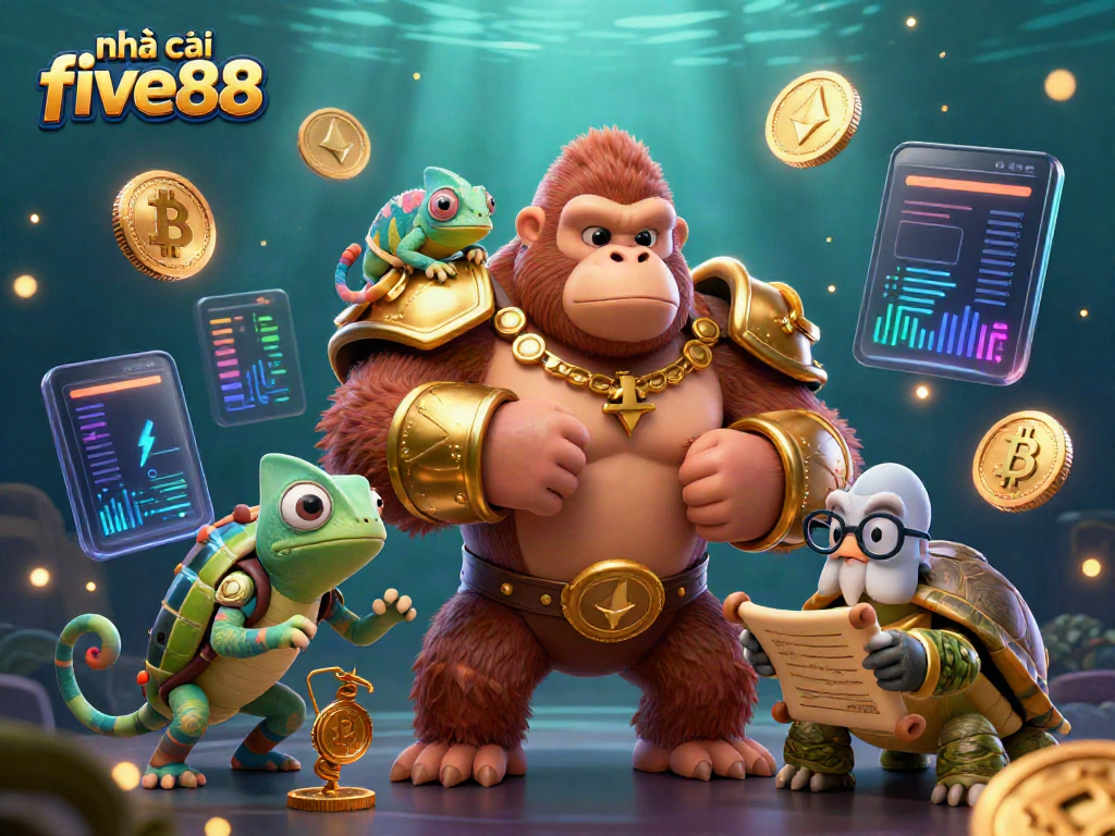 A dynamic scene showcasing nhà cái five88 with a powerful gorilla king, a colorful chameleon spy, and a wise tortoise elder among vibrant crypto coins.