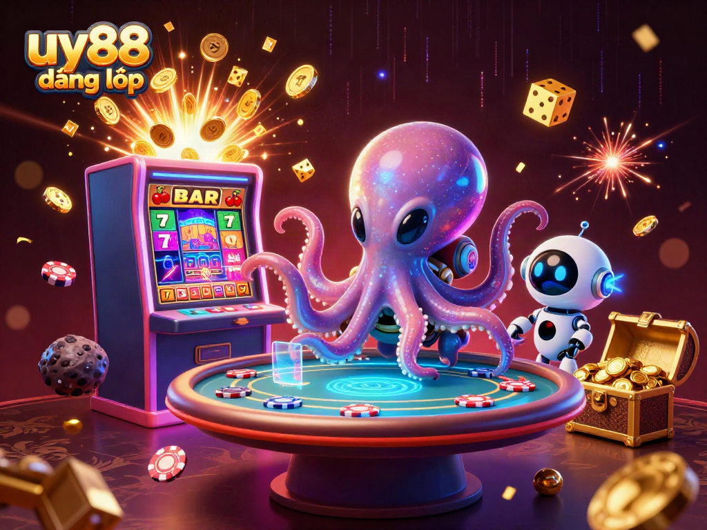 Experience the excitement of uy88 đăng nhập with an ultra-detailed 3D scene of an alien octopus at a holographic poker table.