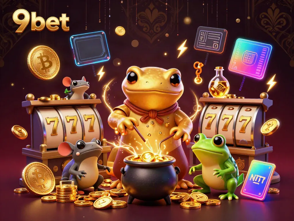 Experience vivid 9bet gaming action with a golden salamander alchemist and digital casino elements.