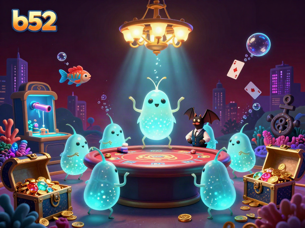 Engage in b52 excitement at an underwater casino illuminated by glowworms and a bat dealer surrounded by treasures.