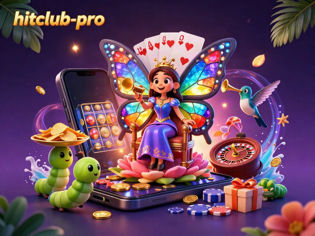 Engage in hitclub-pro excitement with a vibrant butterfly queen amidst rolling slots and poker chips.