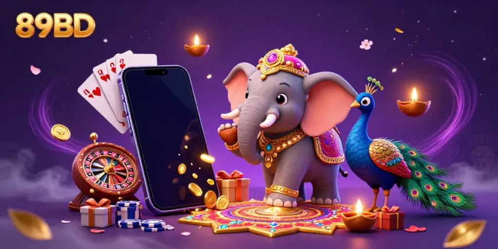 Experience vibrant slot gaming at 89BD with a colorful Diwali-themed scene featuring an enchanted elephant.