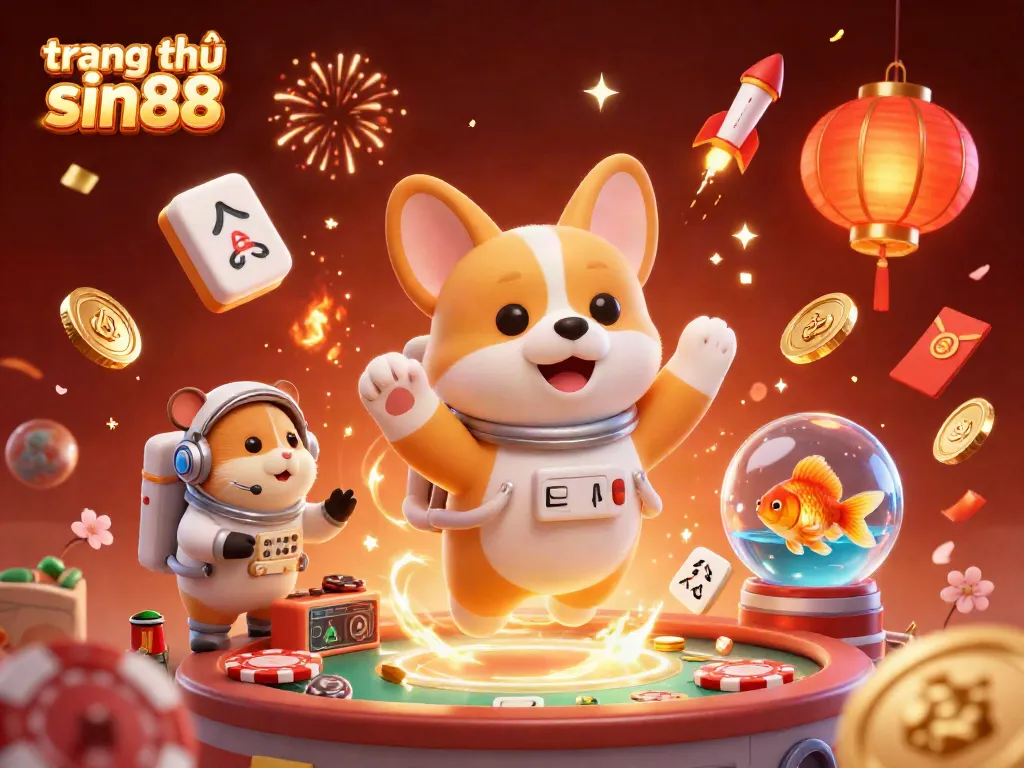 Experience the thrill at trang chủ sin88 with a fantastical 3D casino scene featuring an astronaut corgi and immersive game elements.