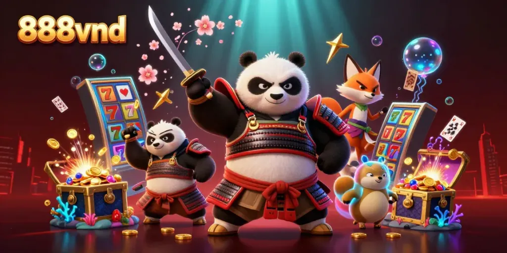 Engage in thrilling gaming at 888vnd with dynamic characters battling for treasure amidst vibrant slot elements.