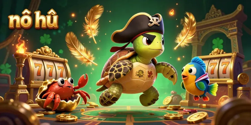 Spin and win with nổ hũ as the pirate turtle and friends celebrate treasure in a vibrant casino scene.
