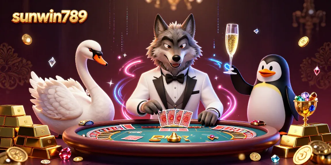 Immerse yourself in sunwin789 with a debonair wolf, elegant swan, and sophisticated penguin at a baccarat table.
