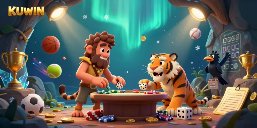 KUWIN offers a dynamic prehistoric casino experience with captivating caveman characters and vibrant casino elements.