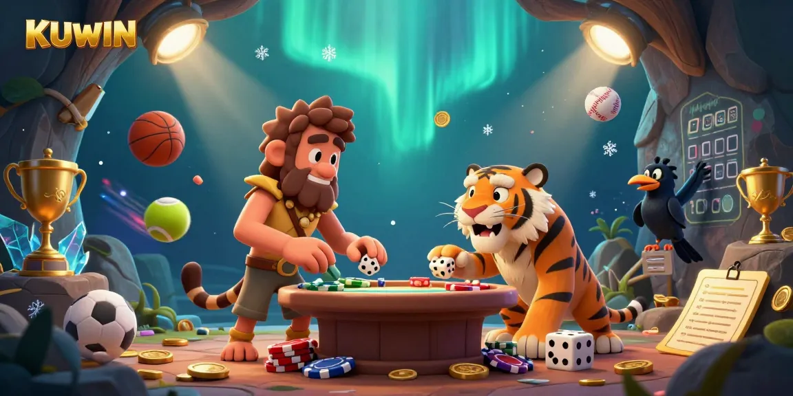 KUWIN offers a dynamic prehistoric casino experience with captivating caveman characters and vibrant casino elements.
