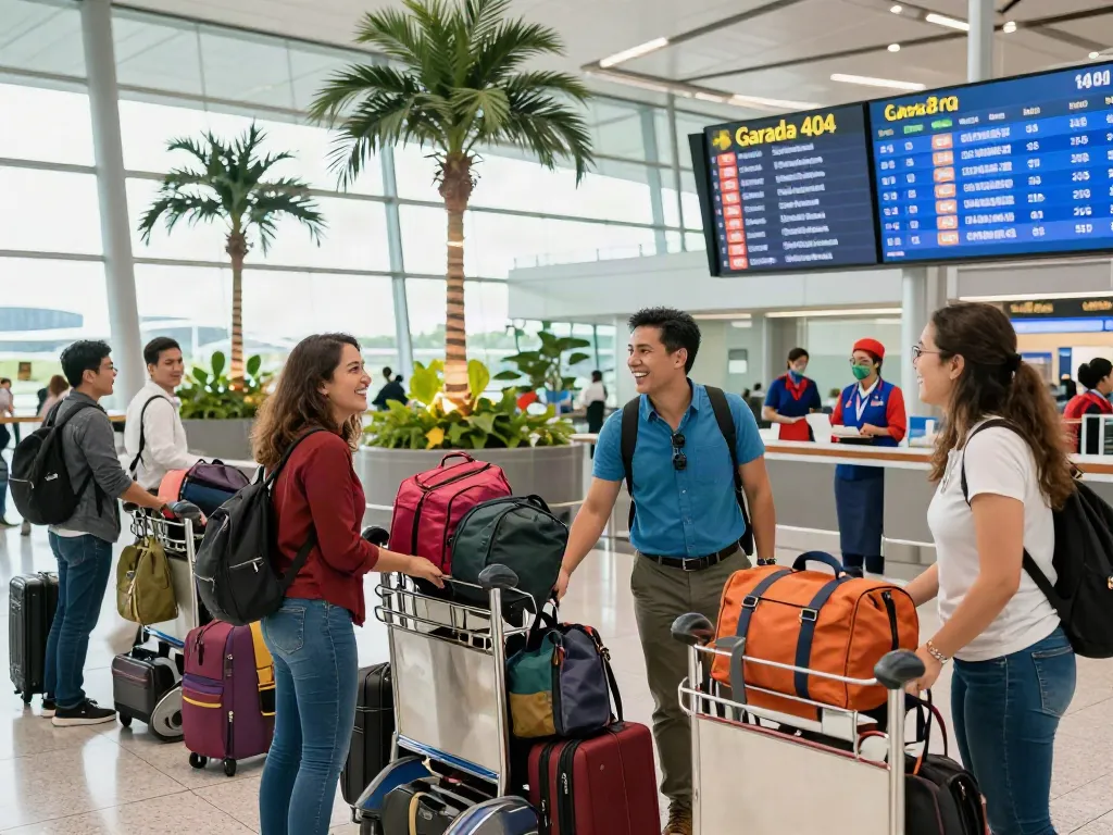 Excited travelers welcoming arrivals from Garuda 404 flight at a vibrant airport.