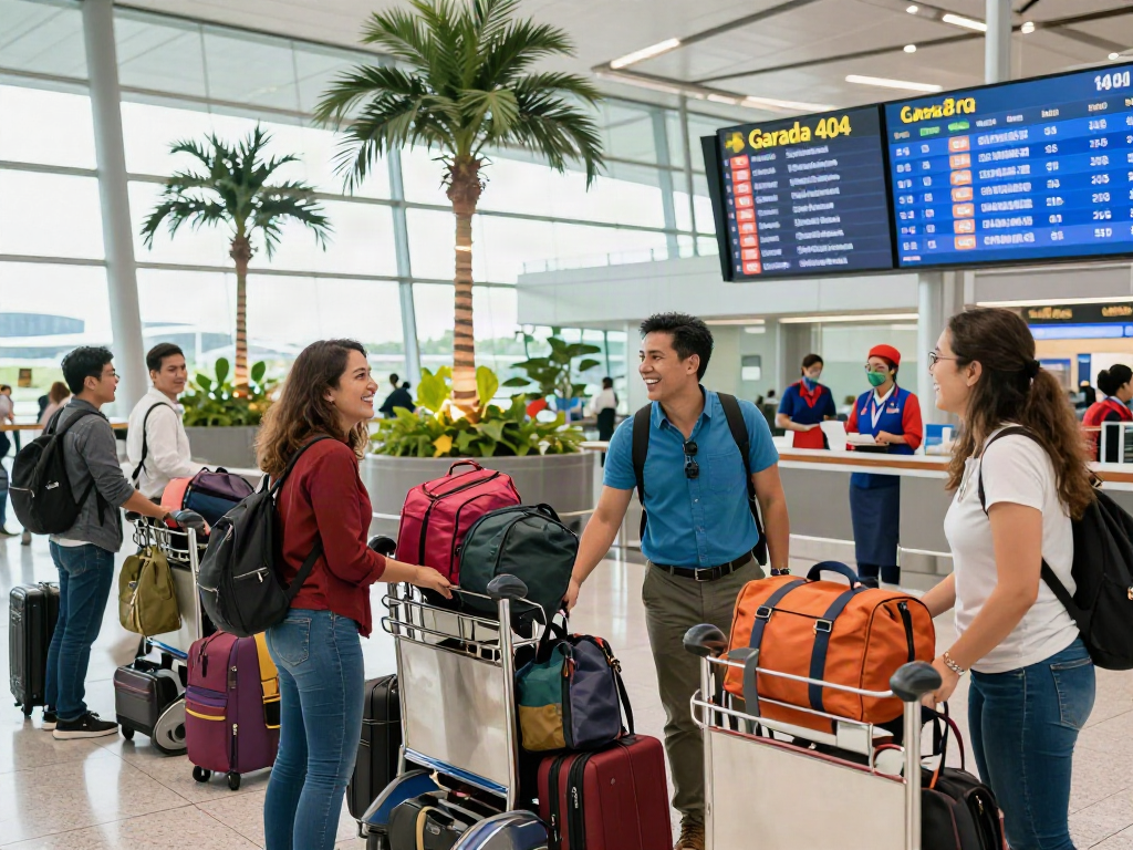 Excited travelers welcoming arrivals from Garuda 404 flight at a vibrant airport.