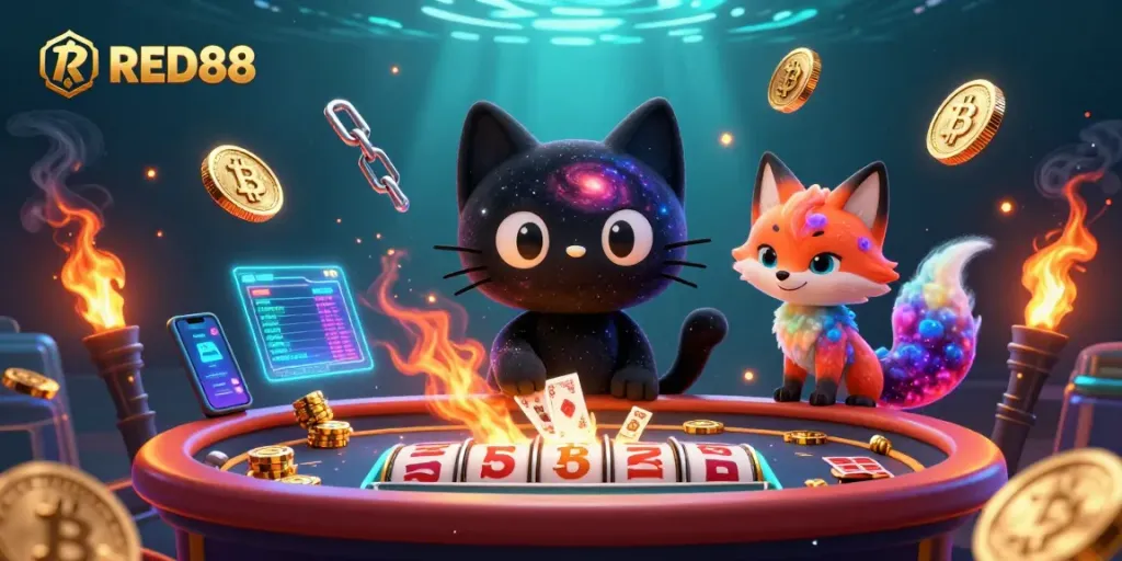 Engage with the dynamic cosmic casino scene at RED88 featuring a black hole cat and colorful gas nebula fox.