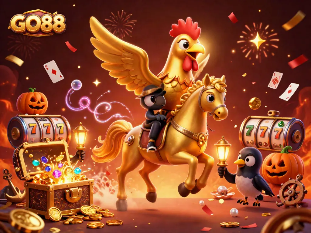 Experience exciting gameplay with GO88, featuring a dynamic casino scene with golden rooster and treasures.