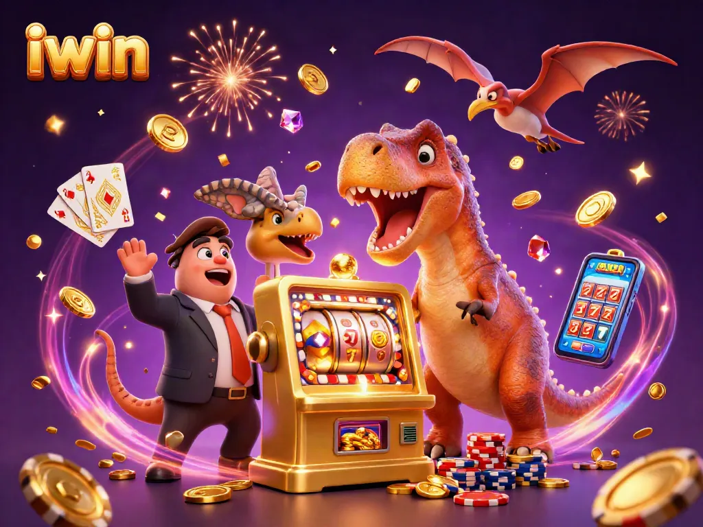 iwin casino characters celebrating a jackpot with flying coins and vibrant game elements, dynamic scene illustration