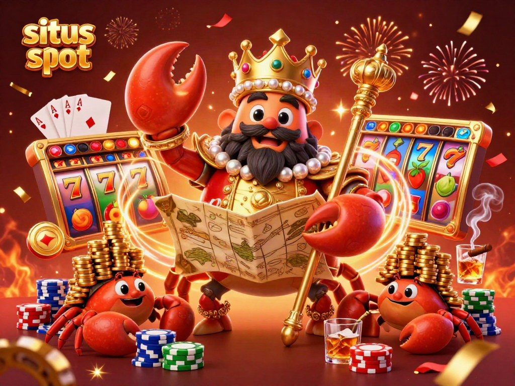 Situs slot fantasy featuring a golden crab emperor with slot reels and poker elements amidst vibrant celebrations.