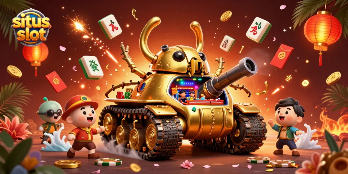 Experience the thrill of situs slot with a vibrant 3D golden beetle tank casino scene bursting with excitement.