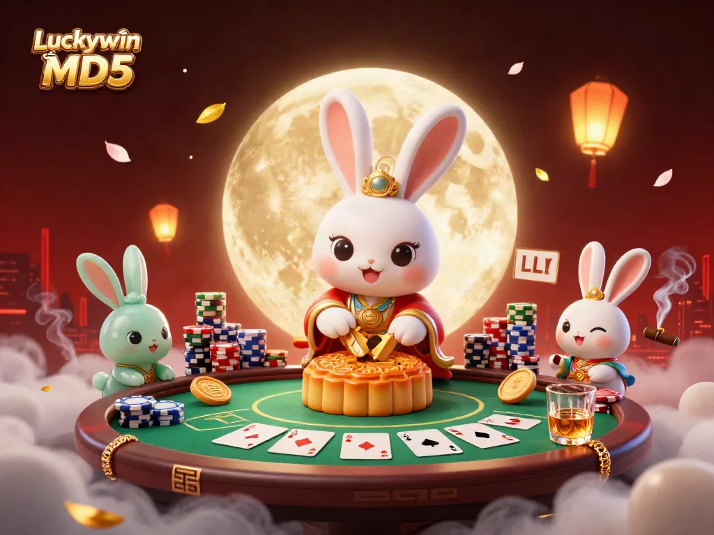 Engage with the exciting world of Luckywin tài xỉu MD5, featuring a vibrant moon rabbit scene with poker elements.