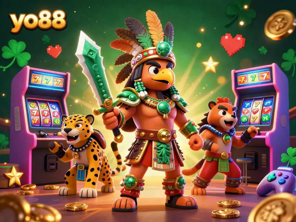 Immerse in the vibrant world of yo88 gaming with dynamic scenes of Aztec warriors and colorful casino elements.