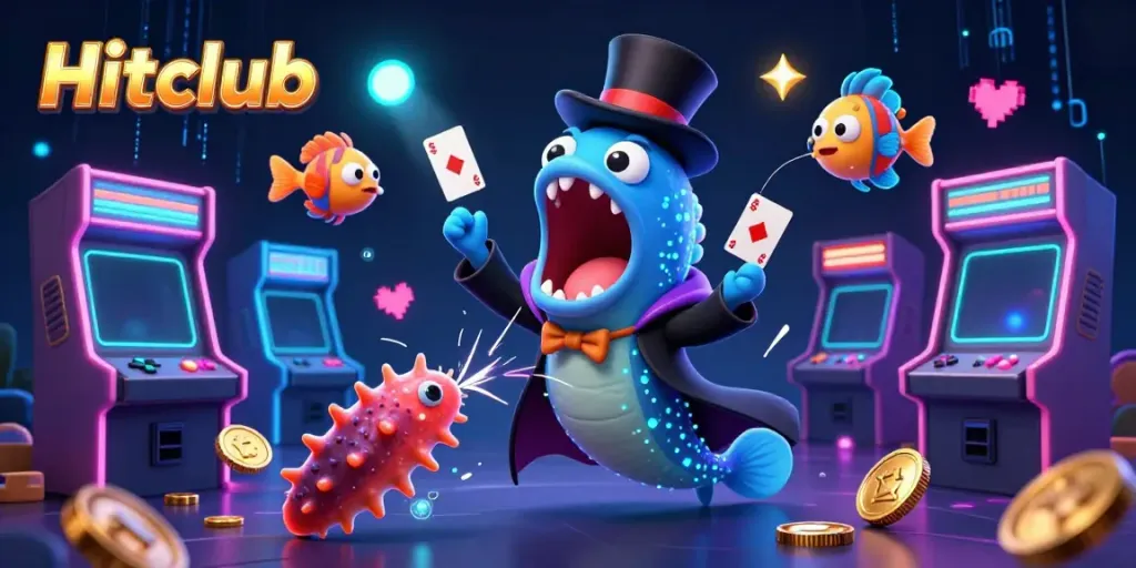 Hitclub captures the thrill of gaming with an energetic illustration featuring unique deep-sea characters and casino elements.