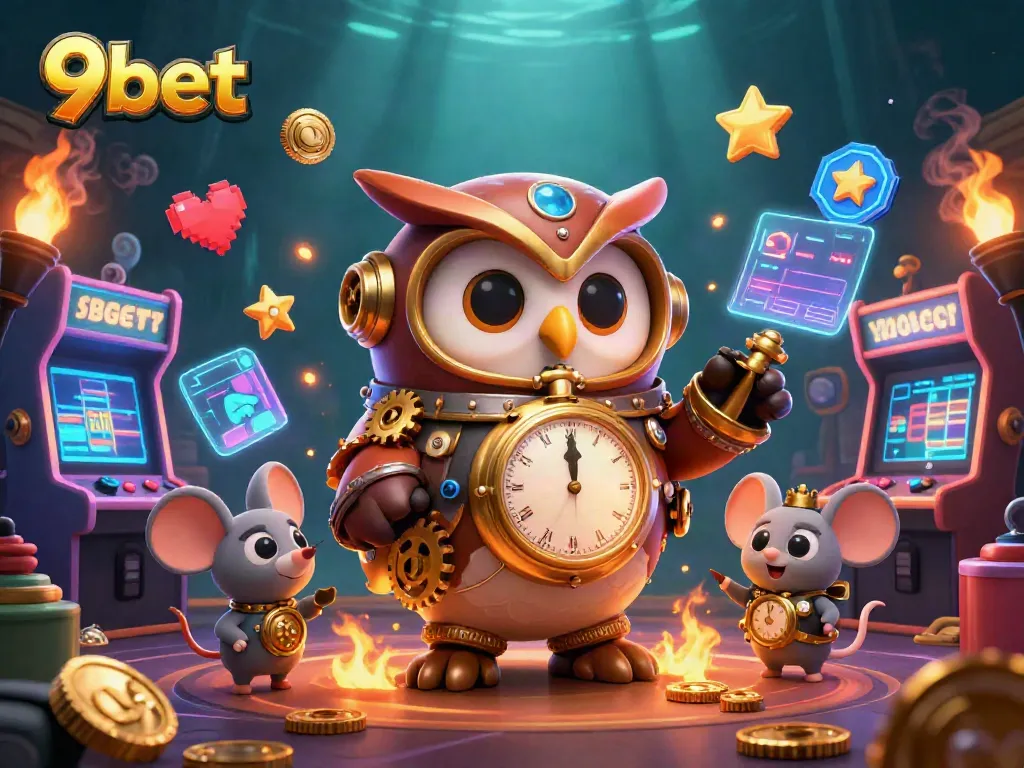 9bet game illustration showcasing a time-traveler owl in a vibrant steampunk casino scene with game elements.