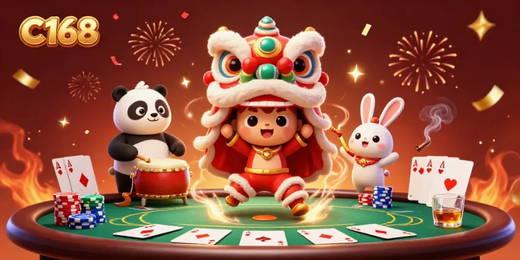 Experience festive celebration in C168 with a lion dance, poker chips, and vibrant casino elements.