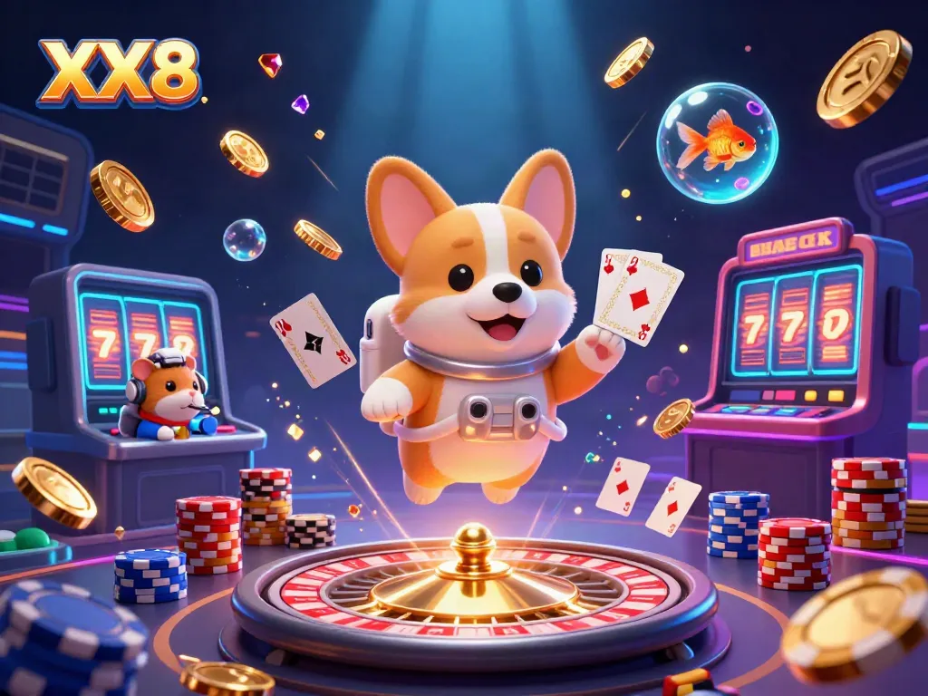 Experience thrilling XX8 gaming with the astronaut corgi and casino characters in a vibrant space.