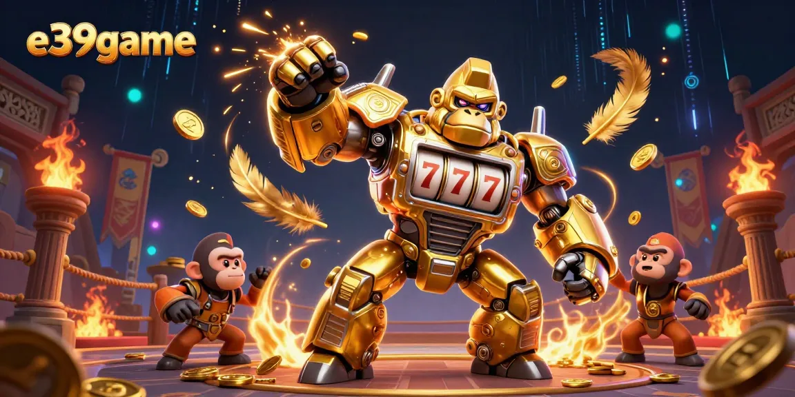 Engage in thrilling gameplay at e39game with a dynamic scene of a golden gorilla mech surrounded by swirling coins and flames.