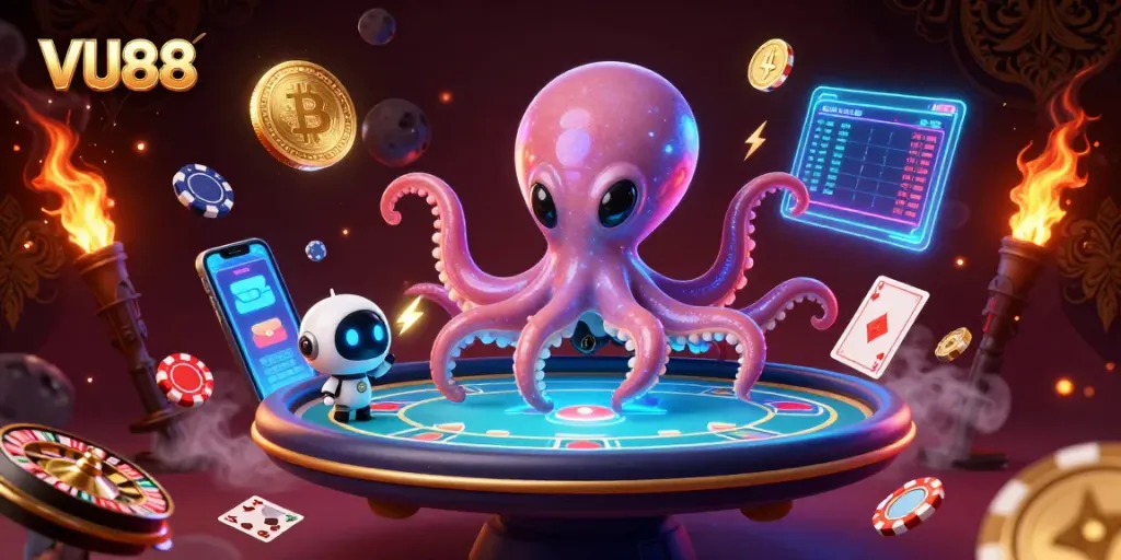 Engage in thrilling poker action with VU88's cartoon alien octopus and holographic game elements.