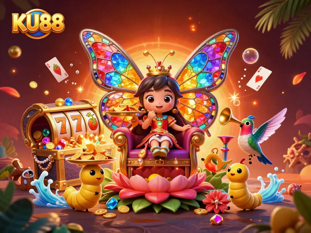 Engage with KU88's vibrant casino world featuring a butterfly queen, slots, and dynamic treasure.