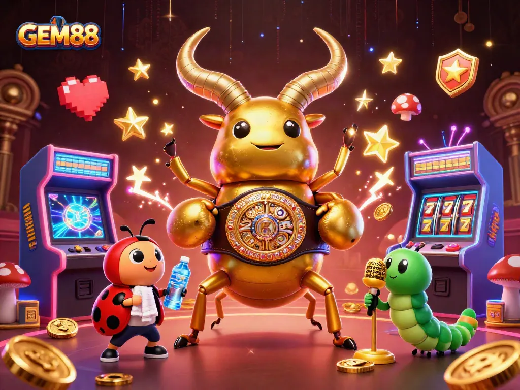 Experience GEM88's vibrant casino action with giant beetle boxer and exciting game elements!