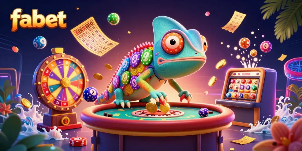 Engage with fabet's vibrant casino scene as colorful lottery balls and golden prizes rain down.