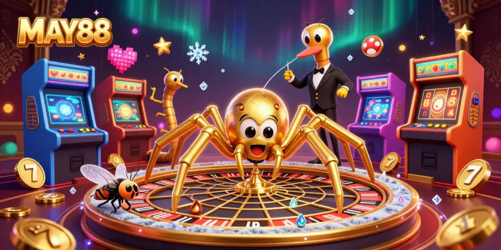 MAY88 spins into action with a vibrant casino scene featuring a golden spider, a centipede croupier, and lively slot machines.