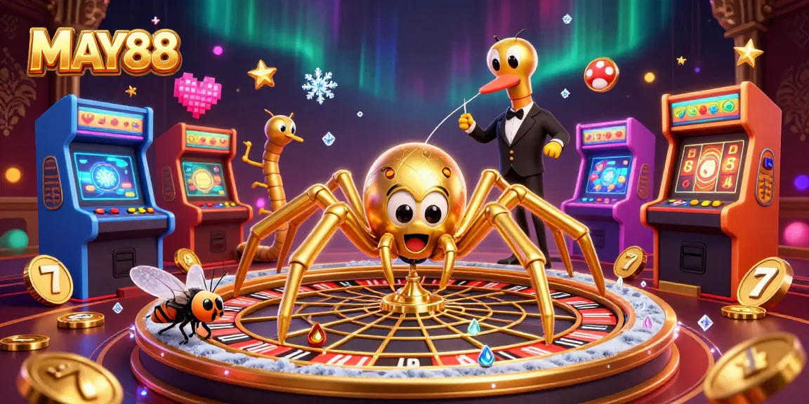 MAY88 spins into action with a vibrant casino scene featuring a golden spider, a centipede croupier, and lively slot machines.