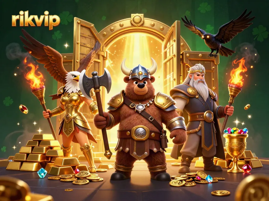 Experience winning excitement at rikvip, a vibrant 3D casino scene with characters and treasures.