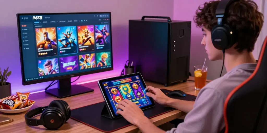 Engaging player enjoying slot gacor hari ini on modern tablet in cozy gaming setup.
