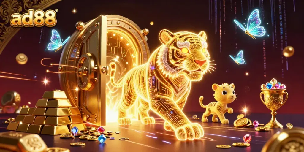 Engage with ad88 at an electrifying digital casino scene featuring a neon tiger and treasures.