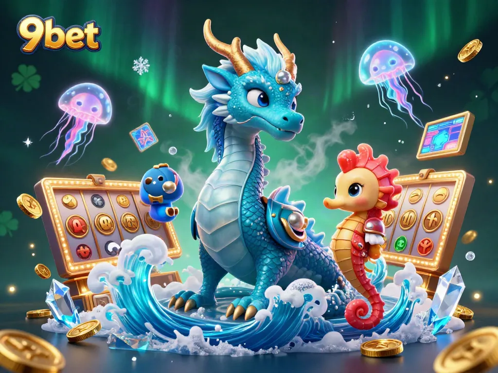 Engage with the thrilling world of 9bet, featuring a dragon and seahorse amidst vibrant casino elements.