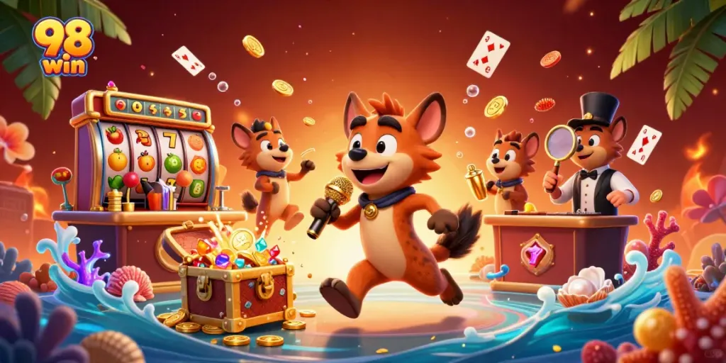 Exciting casino scene showcasing hyenas at 98 win, with a stand-up comedian, bartender, and bouncer.
