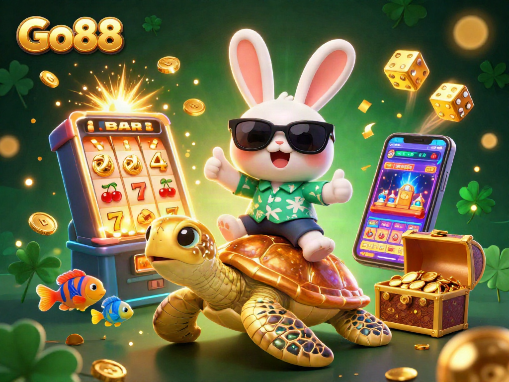 Go88 players enjoy a thrilling casino experience with a lucky rabbit and treasures in this vibrant scene.