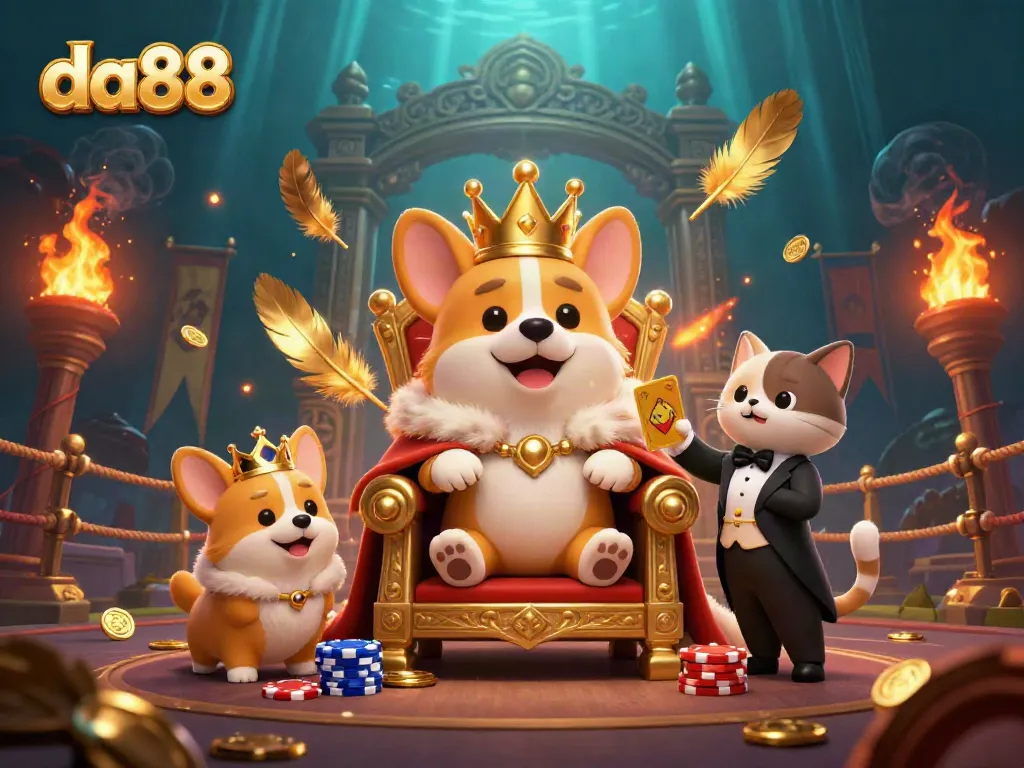 Join the fun at da88 with a royal corgi, golden cards, and dynamic casino action!