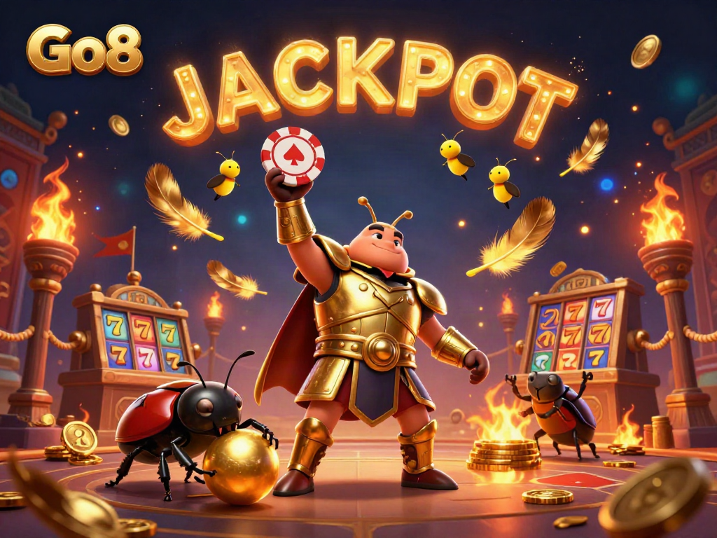 Experience the thrill with Go8 as beetles celebrate jackpot victory in a vibrant casino setting.