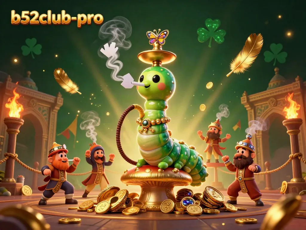 Engage in thrilling gaming at b52club-pro with an animated scene of a caterpillar hookah-master surrounded by gambling elements.