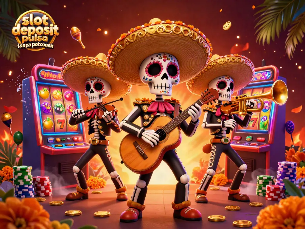 Engage with slot deposit pulsa tanpa potongan in a festive, vibrant 3D illustration showcasing a dynamic mariachi band with gambling elements.