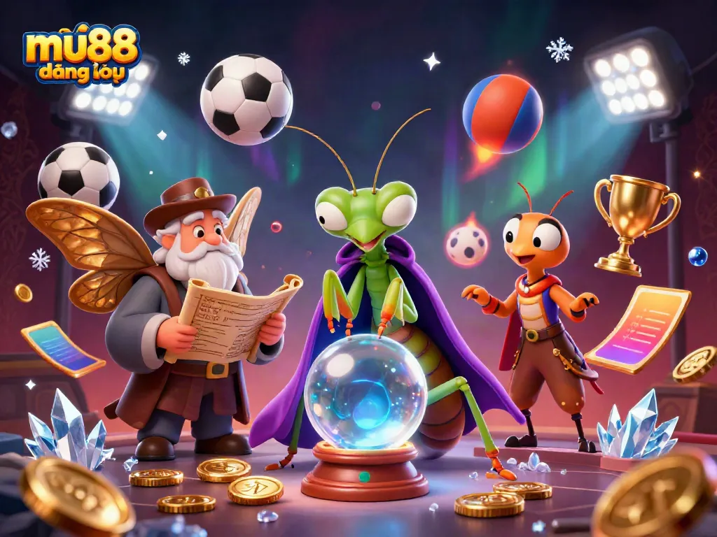 Experience the thrill of mu88 đăng nhập with vibrant characters and dynamic gaming elements, including golden trophies and sports balls.