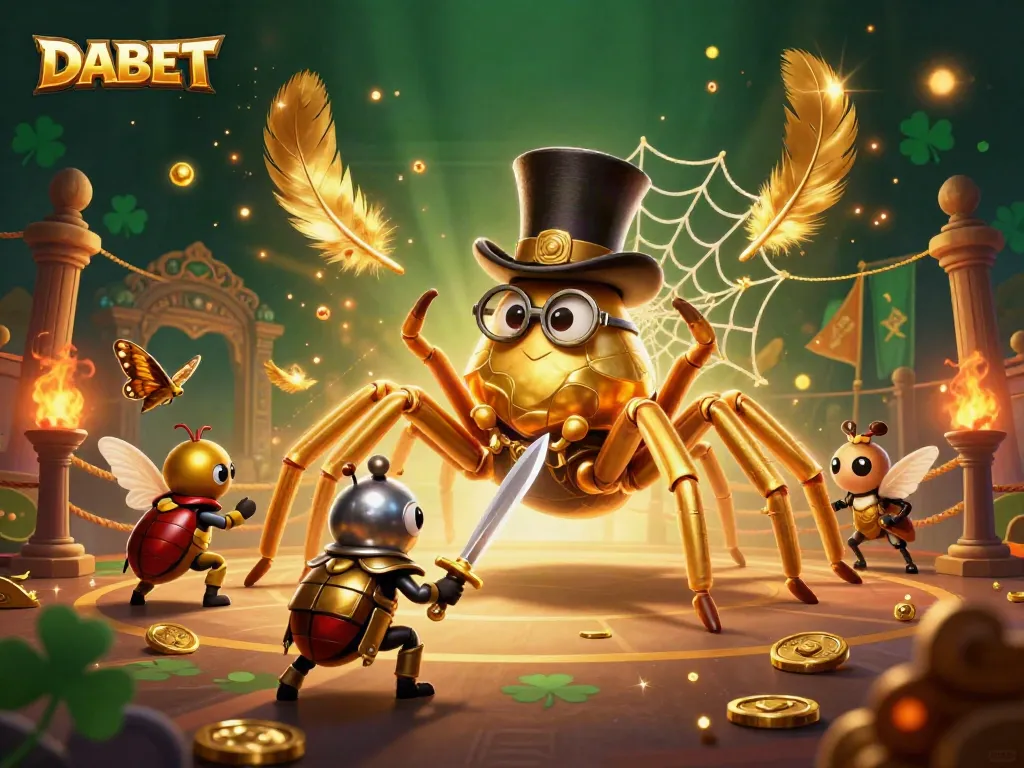 DABET's dynamic casino scene showcasing a golden tarantula and brave beetle knight amid betting tokens.