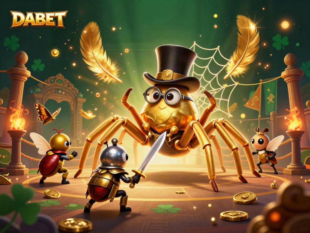 DABET's dynamic casino scene showcasing a golden tarantula and brave beetle knight amid betting tokens.